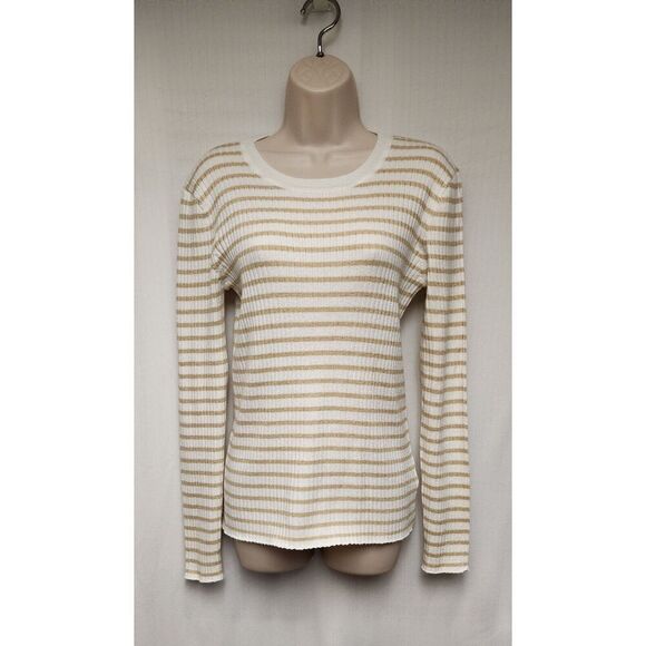 Nine West Womens Striped White/Gold Stretch Long Sleeve Sweater Size Large - Picture 2 of 6